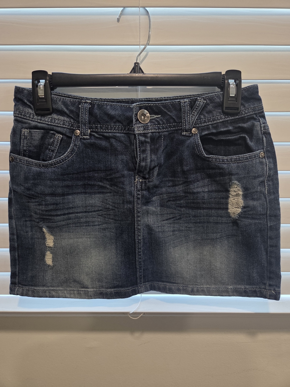 Distressed Denim Mini Skirt XS Blue Faded Frayed Hem